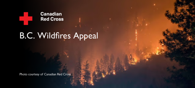 Banner for the Canadian Red Cross B.C. Wildfires Appeal showing a wildfire burning through a forest at night.